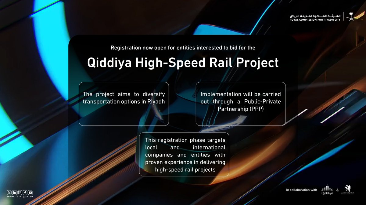 CBN_ME's tweet image. The Royal Commission for Riyadh City (@RCRCSA), in partnership with @NCPSaudi_en & Qiddiya, has opened registration for firms interested in bidding on the Qiddiya High-Speed Rail Project 🚄 under a PPP model.
cbnme.com/news/rcrc-open…
#QiddiyaRail #KSAProjects