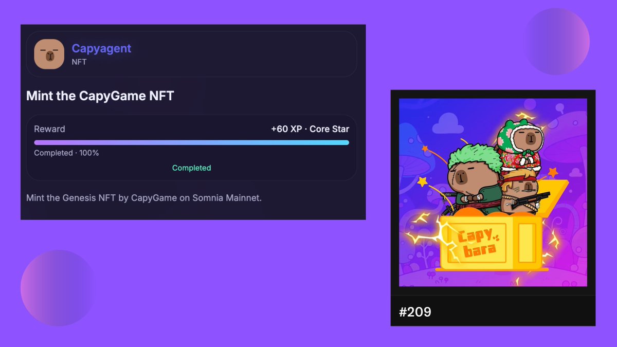 MrBicasso's tweet image. Hi, Somniacs!  A new quest just dropped on Odyssey.   

Time to mint the CapyGame NFT — don’t miss your chance! 
 Completing it will earn you +60 XP · Core Star — one step closer to greatness! 

Stay with @Somnia_Network , and keep exploring the unknown 💫

#Odyssey #CapyGame…