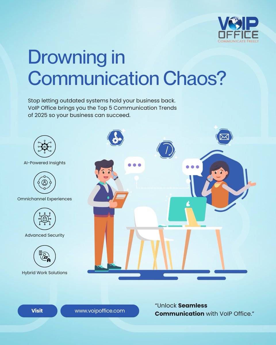 voipoffice's tweet image. Drowning in Communication Chaos? 🤯

Stop letting outdated systems hold your business back. VoIP Office brings you the Top 5 Communication Trends of 2025 so your business can succeed.

#VoIPOffice #BusinessCommunication #TechTrends2025 #LinkedInMarketing