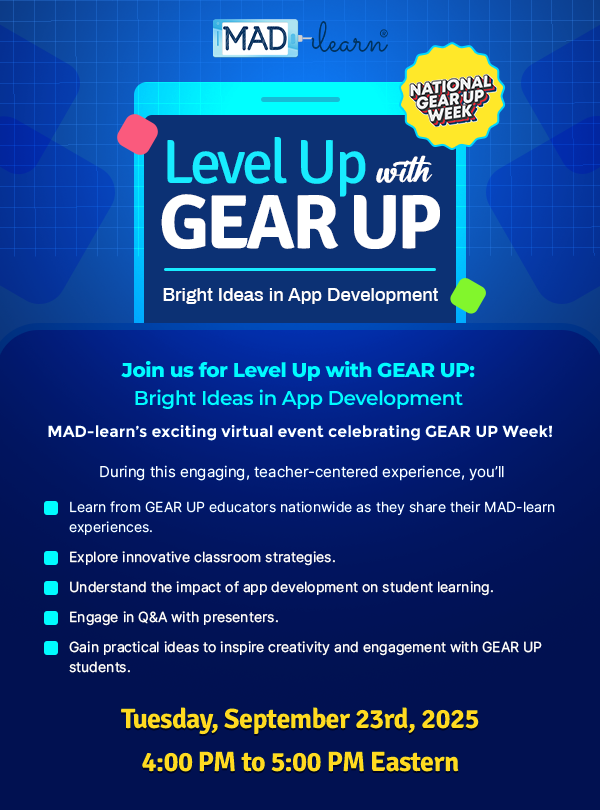 MADLearn's tweet photo. Happy National GEAR UP Week!🙌
🚨Happening TOMORROW at 4 PM Eastern!🚨
Now more than ever, we must stand together to support our students. 
Join us for Level Up with GEAR UP – stories, inspiration and community await! 
Register: https://t.co/YlsEvpHWxn
#GEARUPworks #GUweek https://t.co/GpWRJl1p4u