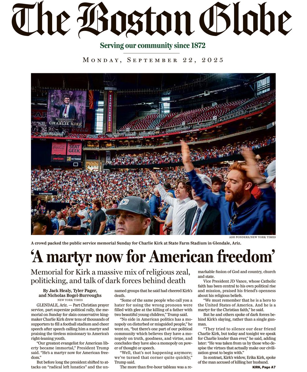 RapidResponse47's tweet photo. '"A martyr now for American freedom'"

"'You have made him immortal'"

"Kirk lauded at memorial"

"Trump praises 'American hero'"

❤️ https://t.co/poDrtp5Twi