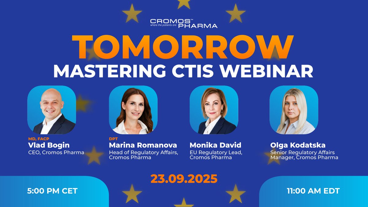 CromosPharma's tweet image. Free live webinar tomorrow!
From Confusion to Confidence: Mastering EU CTR/CTIS

23 Sept, 5 PM CET | 50 min + Q&amp;amp;A
Learn how to avoid RFIs, prevent delays &amp;amp; stay compliant.
-Bonus: free 1:1 consultation for attendees
 
Register: cromoswebinar.com
 #CTR #CTIS #CromosPharma