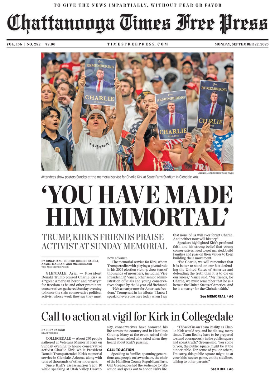 RapidResponse47's tweet photo. '"A martyr now for American freedom'"

"'You have made him immortal'"

"Kirk lauded at memorial"

"Trump praises 'American hero'"

❤️ https://t.co/poDrtp5Twi