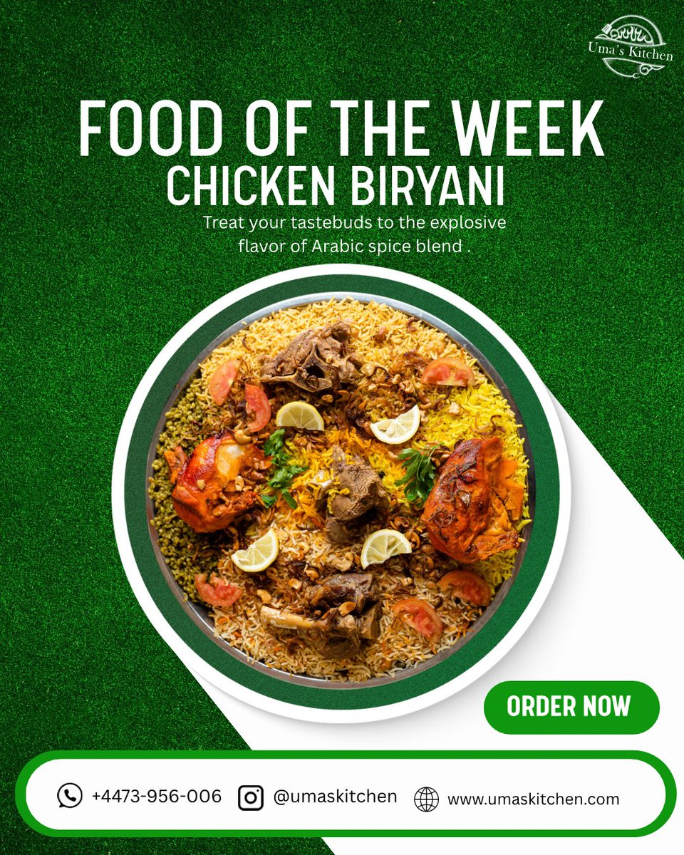 Myqel_e's tweet image. Day 22 of #30DaysofDesign 🎨
Bold, appetizing, and impossible to scroll past. 🍽️🔥This “Food of the Week” Chicken Biryani ad blends vibrant food photography with clean typography and a striking green theme to spark cravings at first glance. #PosterDesign #GraphicDesign #Design
