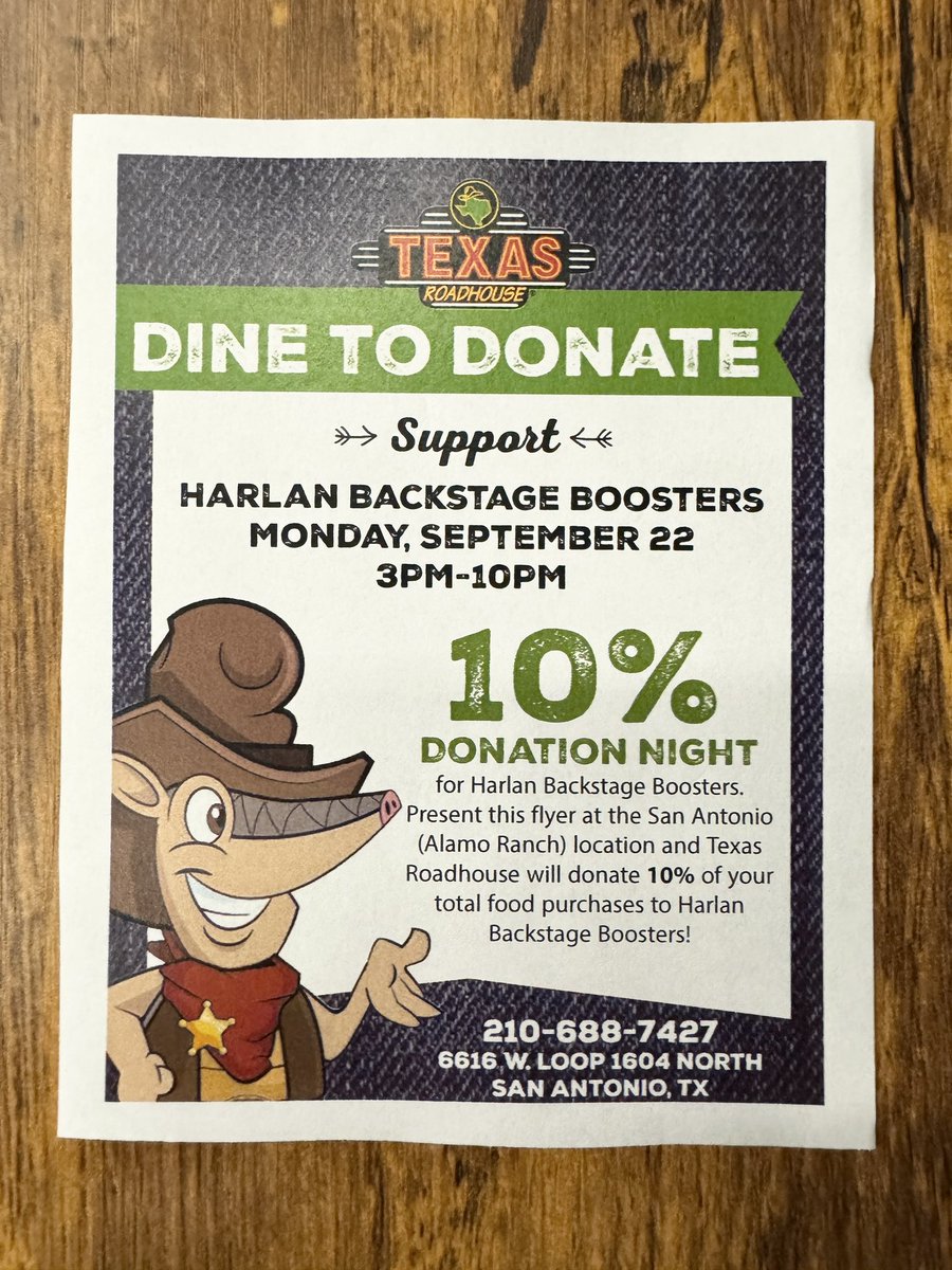It’s Monday so make dinner easy and stop by Texas Roadhouse from 3-10pm today, Sept. 22, to support our wonderful Harlan Theatre! 🎭 Don’t forget to say you’re with Harlan or show them this flyer! <a href="/harlantheatre/">Harlan Theatre</a> <a href="/NISDHarlan/">Harlan High School</a>
