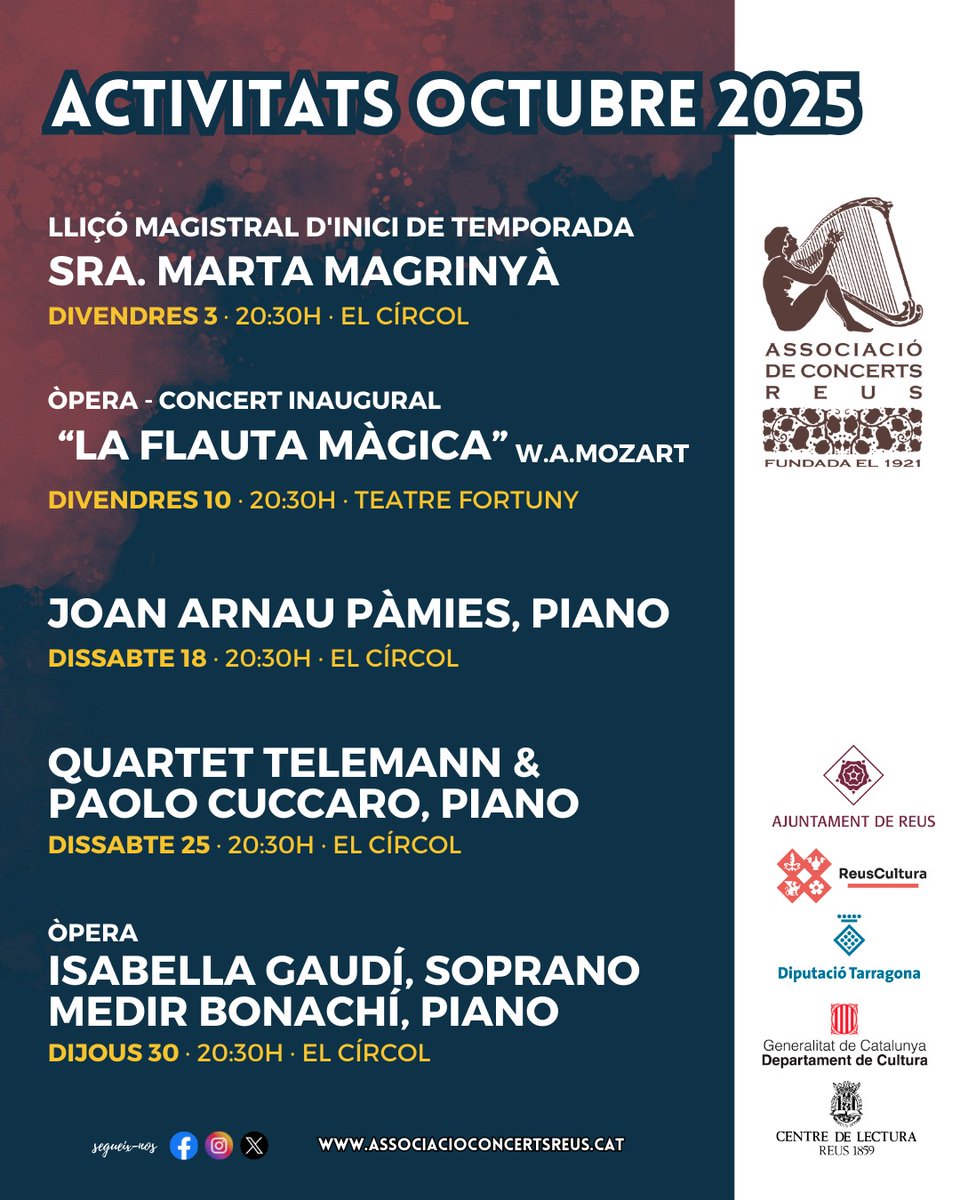 Iniciem la temporada 25/26! Aquí teniu la programació del mes d'octubre! 🎻
Us esperem! ♥️
associacioconcertsreus.cat
<a href="/ReusCultura/">Reus Cultura</a> <a href="/reus_cat/">Ajuntament de Reus</a> <a href="/reusdigitalcat/">Reusdigital.cat</a> <a href="/agendaclassica/">Agenda Clàssica</a>