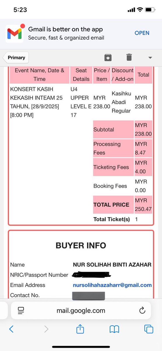 srdiyahh's tweet photo. WTS KONSERT KASIH KEKASIH INTEAM 25 TAHUN 
helping my friend!

• want to sell 1 ticket (U4 UPPER LEVEL E17)
•Price to letgo: RM200 ONLYY!! (original price including tax act RM250)

trusted seller, no scammer, do hmu on dm! #konsertkasihkekasihinteam https://t.co/BzDvA3TeOO