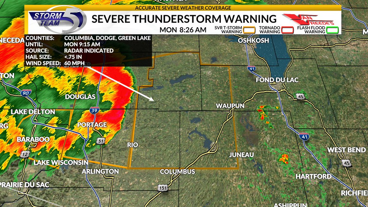 A Severe Thunderstorm Warning has been issued for Dodge, Green Lake, Fond du Lac, Columbia county until Sep 22 9:15AM. Go to the Storm Team 5 Weather App for more info!