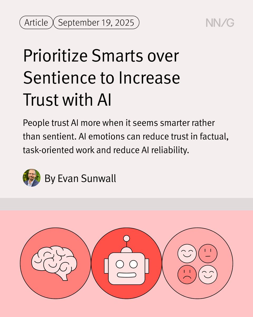 NNgroup's tweet photo. New from NN/g:
๐๏ธ Prioritize Smarts over Sentience to Increase Trust with AI
๐๏ธ How to Spot Signs of UX Maturity Regression
๐น Experience Design: The Next Iteration of UX?
Check them out: https://t.co/698Usi2XTV
#NNGroup #UpToDate https://t.co/cb9IumiaeS
