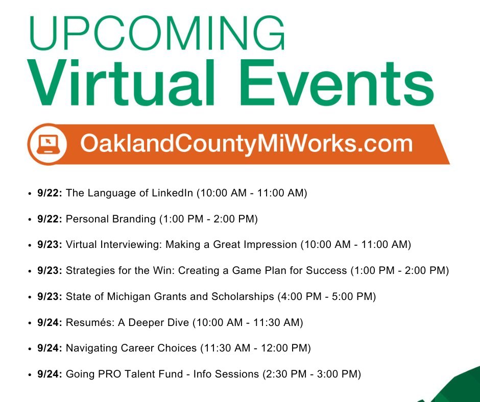 Summer is officially over, and #OaklandCounty Michigan Works! is ready to help you kick off fall with a new job. 🍂 Attend a virtual jobseeker workshop and find useful tips to improve your #resume, interviewing skills and more. RSVP at tinyurl.com/35r8hrek.