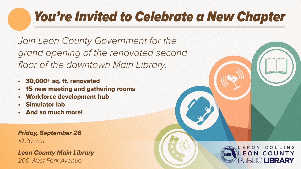 Leon County Government will celebrate the grand opening of the renovated second floor of the downtown Main Library on Friday, September 26, at 10:30 a.m. Enjoy a ribbon cutting, refreshments, and tours of 30,000+ sq. ft. of new space. Learn more: mailchi.mp/leoncountyfl.g…