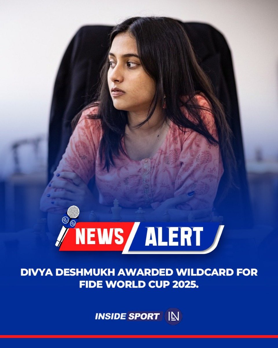 InsideSportIND's tweet image. Grand Master Divya Deshmukh, the reigning FIDE Women’s World Cup winner, has been awarded a wild card for the FIDE World Cup 2025 in Goa.
#FIDEWorldCup #Chess #DivyaDeshmukh #InsideSport
