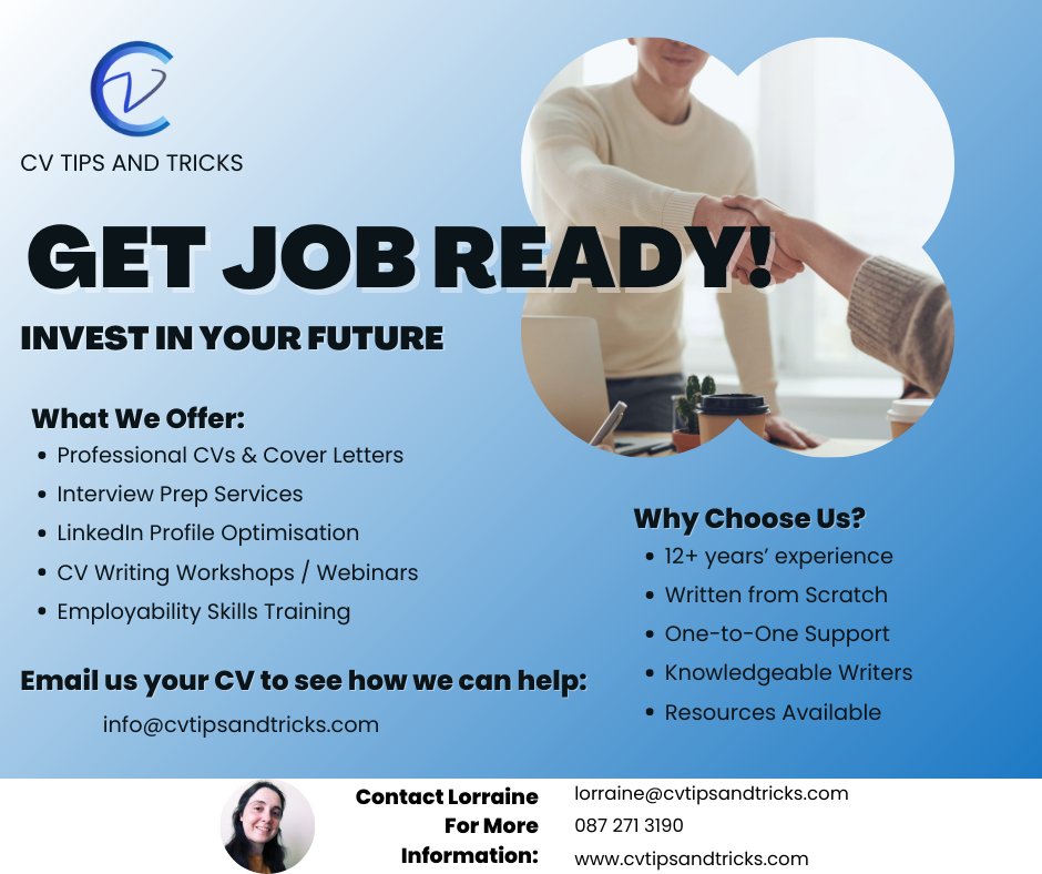 CVTipsAndTricks's tweet image. The recruitment phase is in full swing and it&apos;s time you got yourself job ready! 
Message us today to see how we can help 😀
Or email Lorraine directly - lorraine@cvtipsandtricks.com
#cvtipsandtricks #cvwriting #interviewprep #linkedinprofile #jobsearchstrategy #getjobready