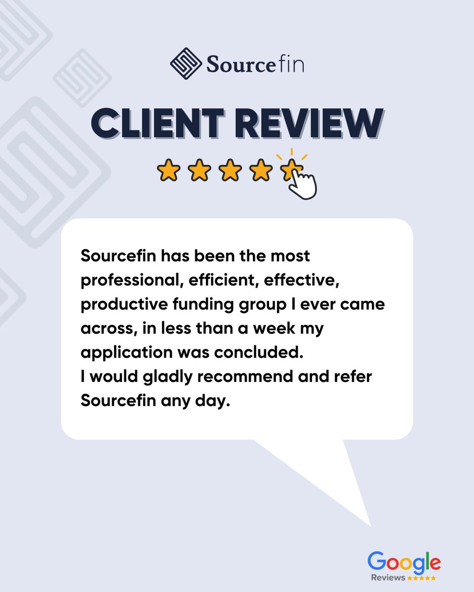 sourcefin_'s tweet image. Professional. Efficient. Effective.

When SMMEs need funding, Sourcefin delivers. &quot;My application was concluded in less than a week.”

#ClientReview #FastFunding #EnablingGrowth #ImpactMatters #Sourcefin