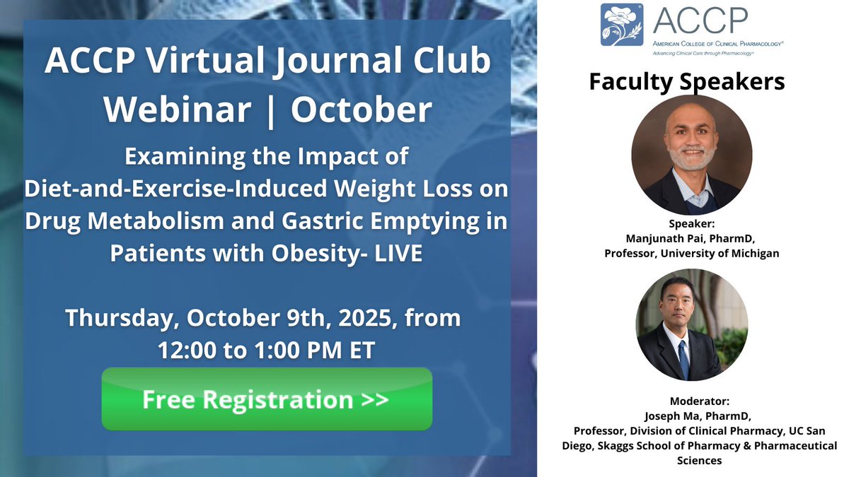 2025 ACCP Virtual Journal Club Webinar: Examining the Impact of Diet-and-Exercise-Induced Weight Loss on Drug Metabolism and Gastric Emptying in Patients with Obesity - LIVE

lnkd.in/eVdQpgBi