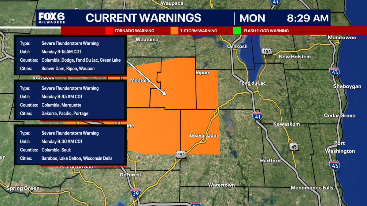 A Severe Thunderstorm Warning has been issued for parts of SE WI until 9/22 9:15AM. Make sure your cell phone emergency alerts are set to "ON." Tune into FOX6, Download the FOX6 Storm Center App &amp; FOX Local App for the latest information.