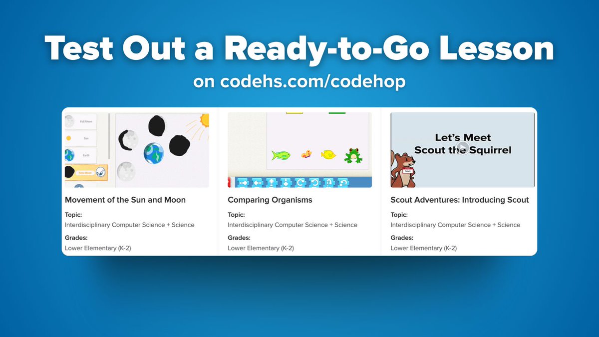 CodeHS's tweet image. Looking for new elementary computer science curriculum this year? CodeHop offers ready-to-go lessons you can teach with little to no prep. Get a feel for how easy it is to bring coding to your classroom and explore a sample lesson at codehs.com/codehop today.

#CodeHop…