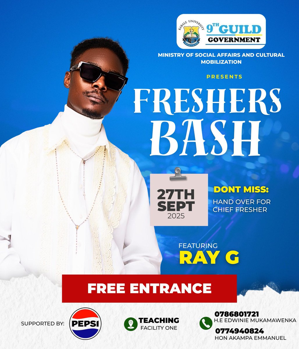 📌Freshers Bash Alert! 
Get ready to kick off the year with a bang!  Superstar Ray G is bringing epic vibes to the Teaching Facility Parking Yard!  
Dust off your dancing shoes and come ready to party! 
📌Where: Teaching Facility Parking Yard
When: 27th September,2025