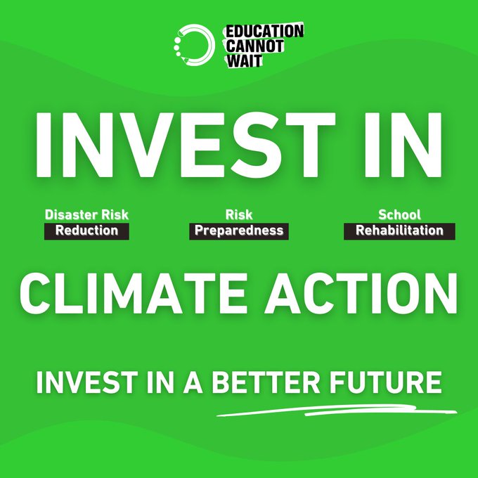 Invest in #ClimateAction. Invest in a Better Future!

As the #ClimateCrisis intensifies - presenting a real threat to #education across the🌍 - #ECW calls for more robust climate actions to protect children &amp; adolescents!

#KeepHopeAlive <a href="/CanadaDev/">Development Canada</a> <a href="/SwissDevCoop/">Swiss Development and Cooperation</a> <a href="/Irish_Aid/">Irish Aid</a>