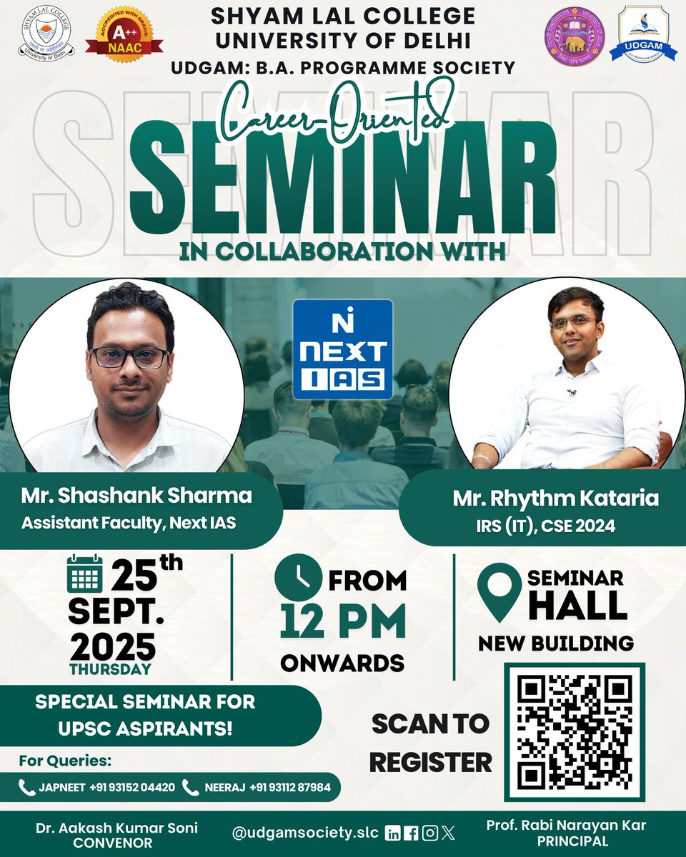 udgam_slc's tweet photo. We’re ecstatic to invite you to an exclusive UPSC Guidance Seminar, organised by 𝐔𝐃𝐆𝐀𝐌: 𝐓𝐇𝐄 𝐁.𝐀. 𝐏𝐑𝐎𝐆𝐑𝐀𝐌𝐌𝐄 𝐒𝐎𝐂𝐈𝐄𝐓𝐘 𝐎𝐟 𝐒𝐡𝐲𝐚𝐦 𝐋𝐚𝐥 𝐂𝐨𝐥𝐥𝐞𝐠𝐞 in collaboration with 𝐍𝐞𝐱𝐭 𝐈𝐀𝐒 – one of India’s leading names in civil services coaching. https://t.co/Tde09uPe9O