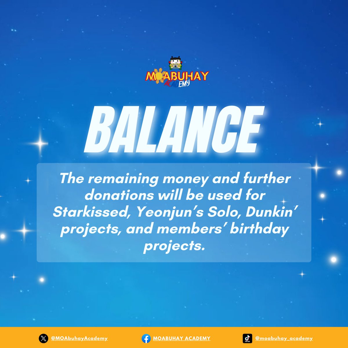 MOAbuhayAcademy's tweet photo. THAT’S A WRAP 👏

#PITUBATU is far from over. All remaining funds and future donations will go toward supporting upcoming TXT activities. If you'd like to contribute, here are our current donation channels. For PayPal, please send us a DM.

Every donation makes a difference 🪙