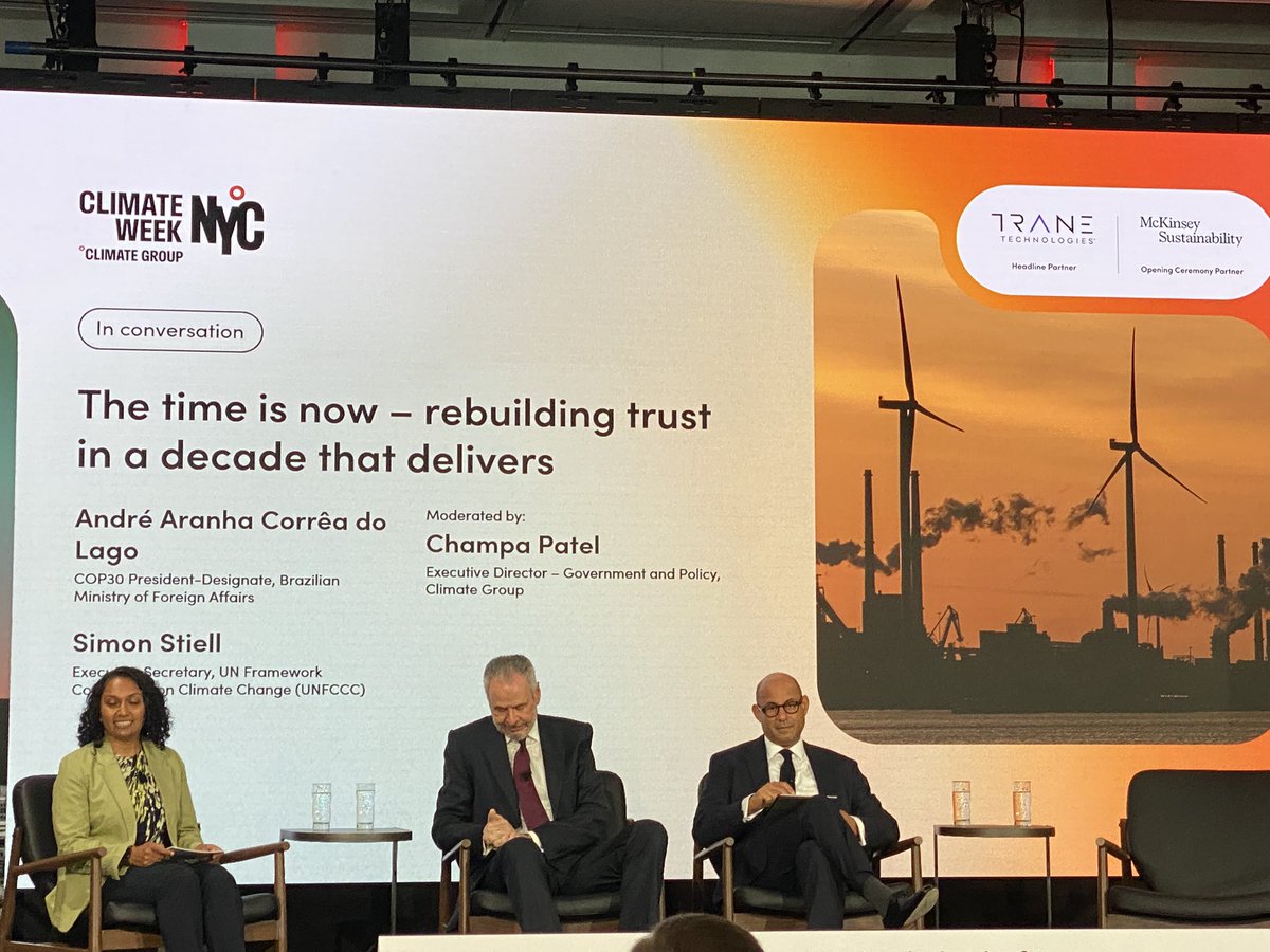wblau's tweet photo. Simon Stiell, UNFCCC, at the opening of #ClimateWeekNY just now:
Ten years after Paris is the right time to take stock of what worked well in these negotiations and what didn’t. Not every COP has to deliver on every single issue, says Stiell, and highlights the sizeable progress made. @ClimateGroup