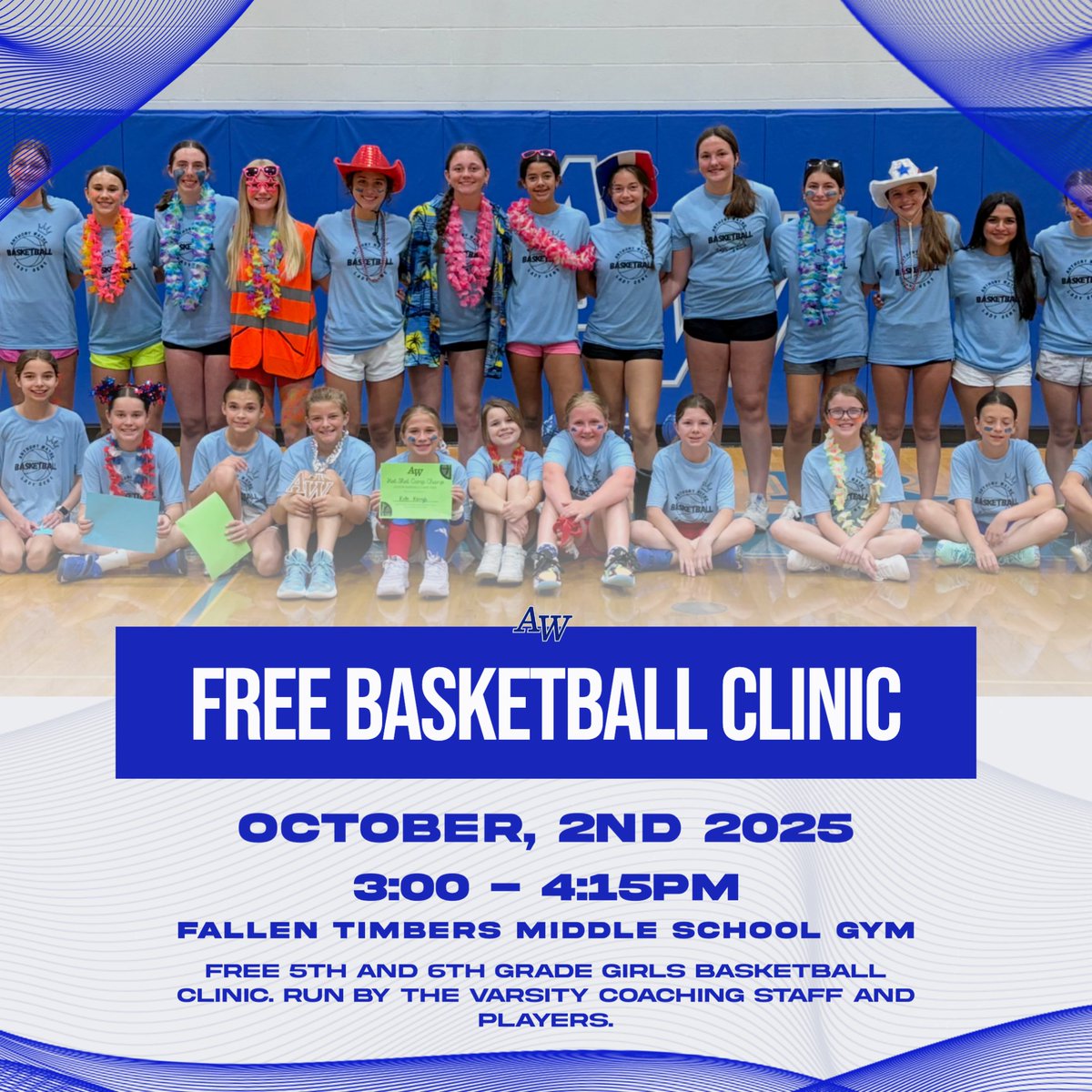 FREE Basketball Clinic for 5th and 6th grade girls‼️

When: Oct 2nd | 3:00 - 4:15 pm

Where: Fallen Timbers Middle School Gym

Why: To increase excitement for our incoming 5th and 6th grade players 

Run by the Varsity staff and players!