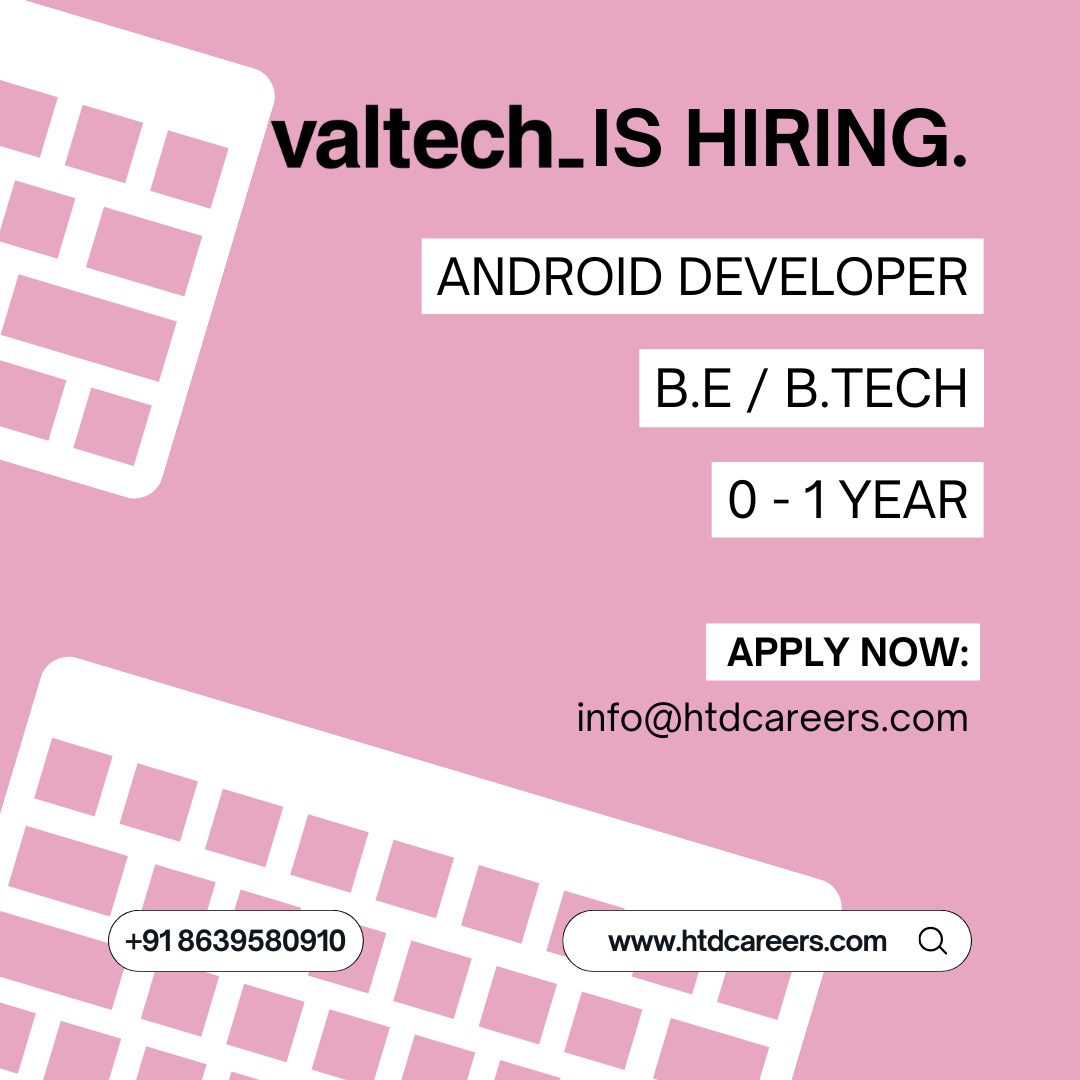 HtdCareers's tweet photo. 📱 Valtech is hiring!
Opening for Android Developers (BE/B.Tech, 0–1 yr) 
👉 Apply at: info@htdcareers.com
 | https://t.co/QAKsCuD8PQ
#Valtech #AndroidDeveloper #HiringFreshers #TechCareers #JobOpening #DevelopersIndia #AndroidJobs #ITJobs #ApplyNow #JobSeekers #StudentsCircles https://t.co/QpeJGnvGqa