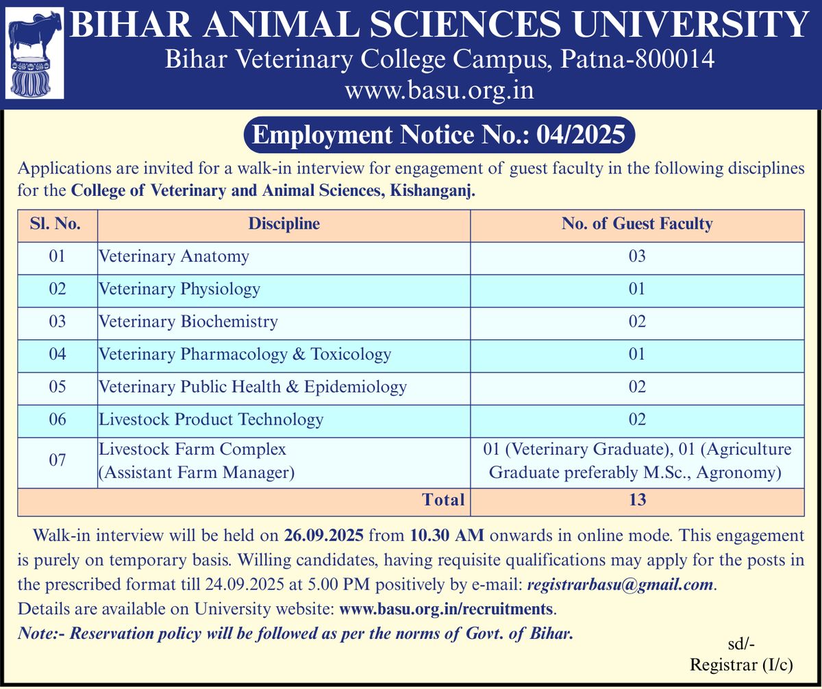 basupatna's tweet photo. 𝐟𝐨𝐫 𝐝𝐞𝐭𝐚𝐢𝐥𝐬 𝐯𝐢𝐬𝐢𝐭: https://t.co/6TzFON2sqs

#recruitment #recruiting #Bihar #Kishanganj #AnimalScience #veterinary #animalhusbandry #animalhusbandryindia https://t.co/Swcl2tfo2k