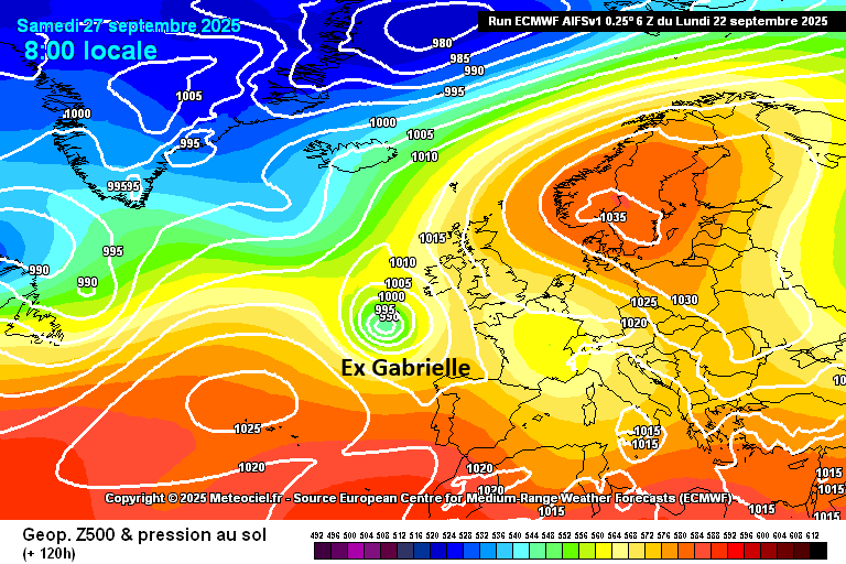 ExtremeMeteo's tweet photo. En 8-9 h de temps, #Gabrielle s'est intensifié rapidement en passant d'un #ouragan de catégorie 1 à 3. La catégorie 4 parait probable dans quelques heures avant un affaiblissement à prévoir d'ici 24 h. 

La convection s'organise dans les différents quadrants avec un oeil de plus en plus apparent. 

Sa trajectoire reste à l'étude, l'amenant certainement près de l'Europe en fin de semaine. On note que sa transition extra tropicale pourrait se faire tardivement entre vendredi et samedi, il faudra voir l'interaction avec un talweg nord atlantique. 

Son influence qui reste à déterminer, sera quoiqu'il en soit certaine sur les centres d'action environnants et notamment le blocage nord européen et une éventuelle dorsale à l'avant entre la Péninsule Ibérique, le proche Atlantique et éventuellement le sud-ouest de la France. Cela influencera aussi le placement de la goutte froide toujours présente qui nous aura accompagné toute cette semaine.

C'est une des pires situations en terme de prévisibilité pour les météorologistes. Il ne sert à rien de se projeter au delà du week-end à venir.