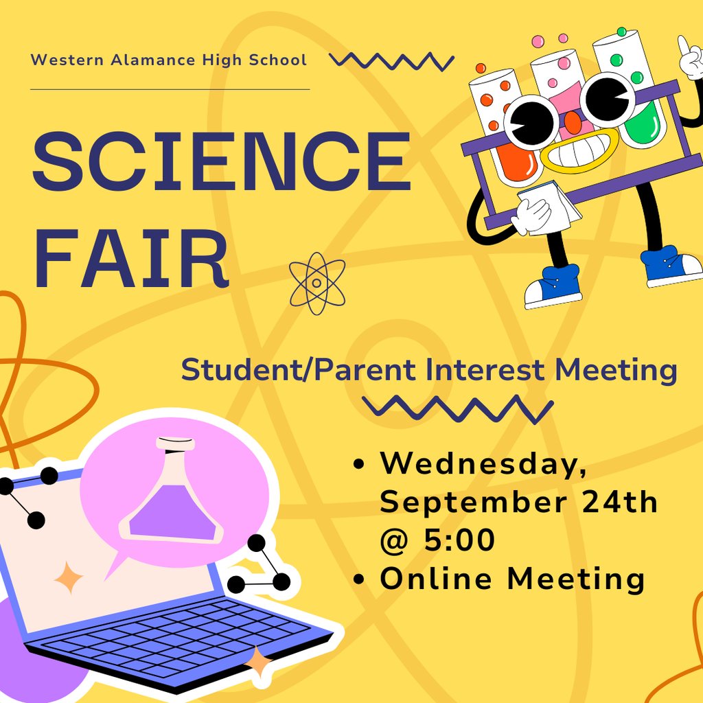 Science Fair Parent/Student Meeting
-Wednesday, September 24th @ 5:00
-This is for parents and students that are interested in science fair and want to know more information
Meeting link:  meet.google.com/njd-jueh-bfx