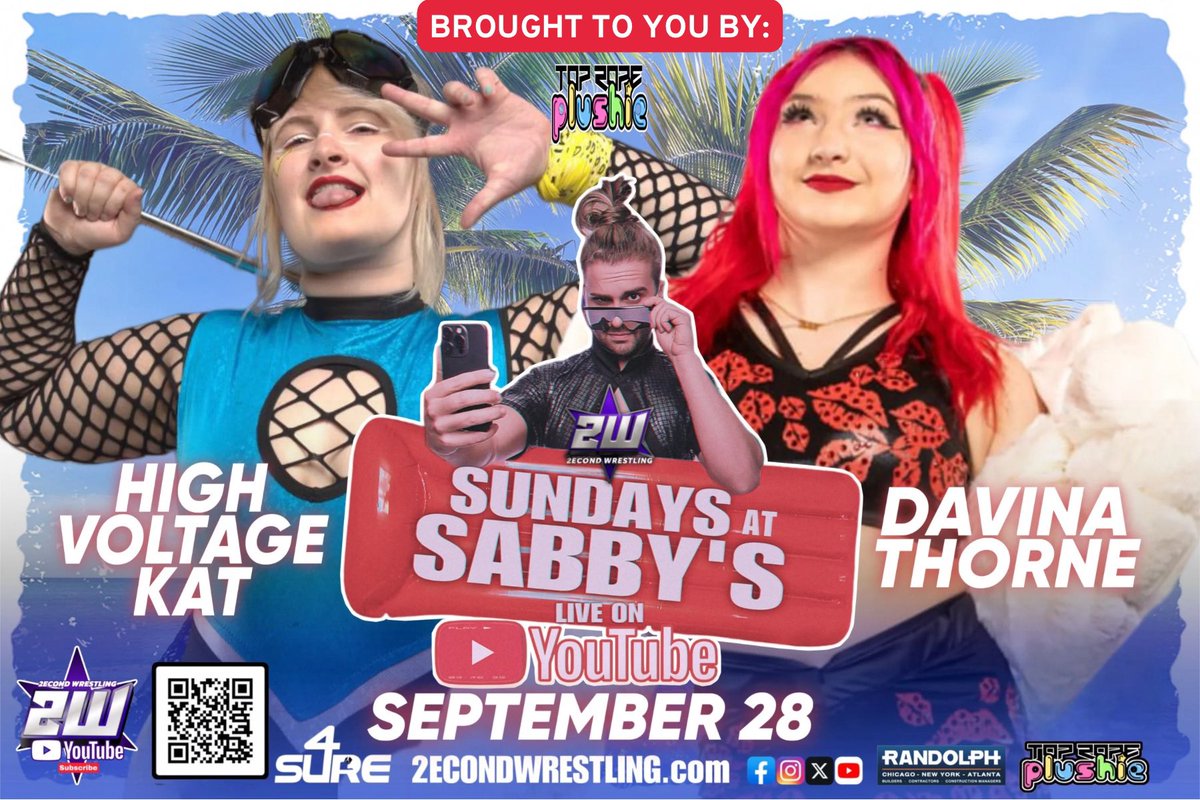 💻SUNDAYS AT SABBYS💻
Our new YouTube Live show premieres this Sunday at 6pm CT. 

Brought to you by <a href="/TopRopePlushie/">Top Rope Plushie</a> 

The debut of <a href="/HighVoltageKat/">The ElectroCutie | 高電圧キャット ⚡️😸</a> vs the newest trouble maker at 2econd <a href="/davina_thorne/">𝓓𝓪𝓿𝓲𝓷𝓪 💋</a> 

Free access by subscribing to our YouTube page!
🔗 youtube.com/@2econdwrestli…