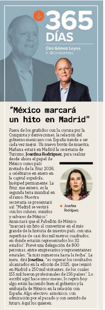 Pocas veces el #Turismo es tema para los columnistas de política, por eso resulta sorprendente que <a href="/CiroGomezL/">Ciro Gómez Leyva</a> destaque la presencia de <a href="/josefinarodzam/">Josefina Rodríguez Zamora</a> en #Madrid. Esto casi nunca se ve a menos que se analice un punto negativo.
<a href="/Excelsior/">Excélsior</a>