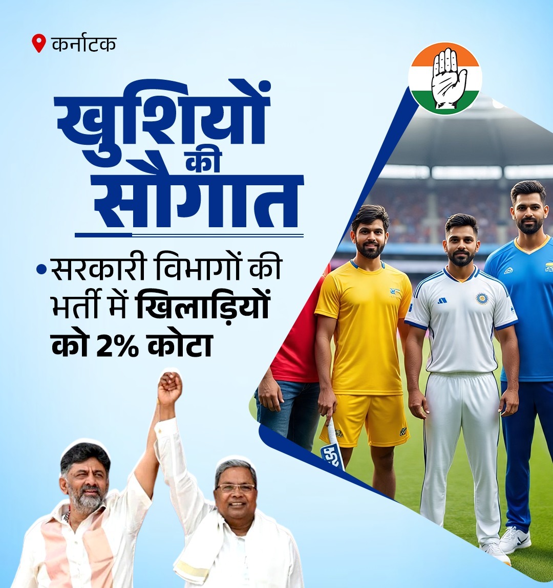 Congress (@incindia) on Twitter photo कर्नाटक
✅  सरकारी विभागों की भर्ती में खिलाड़ियों को 2% कोटा कर्नाटक
✅  सरकारी विभागों की भर्ती में खिलाड़ियों को 2% कोटा