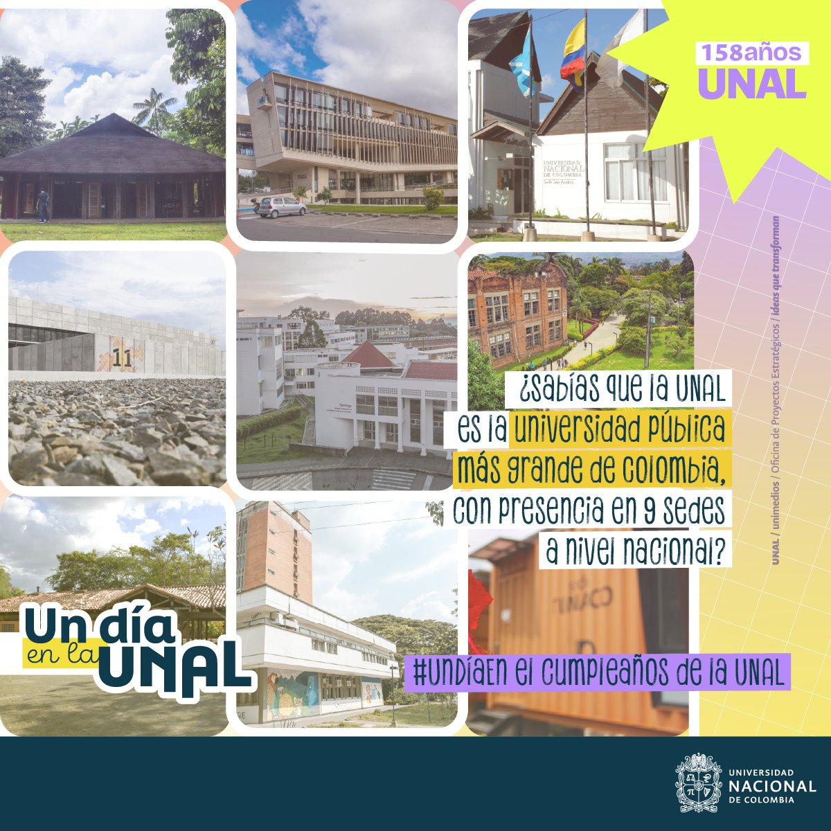 MuneraLeopoldo's tweet photo. #UnDíaEn el cumpleaños de la UNAL 

🎉 Celebramos 158 años de historia, cultura y ciencia 🎂

Cada una de nuestras sedes, aulas y senderos son testigos de generaciones que han construido el Bien Común de Colombia desde nuestra Universidad 🇨🇴💚 #158UNAL https://t.co/LJAn9YZ2pq