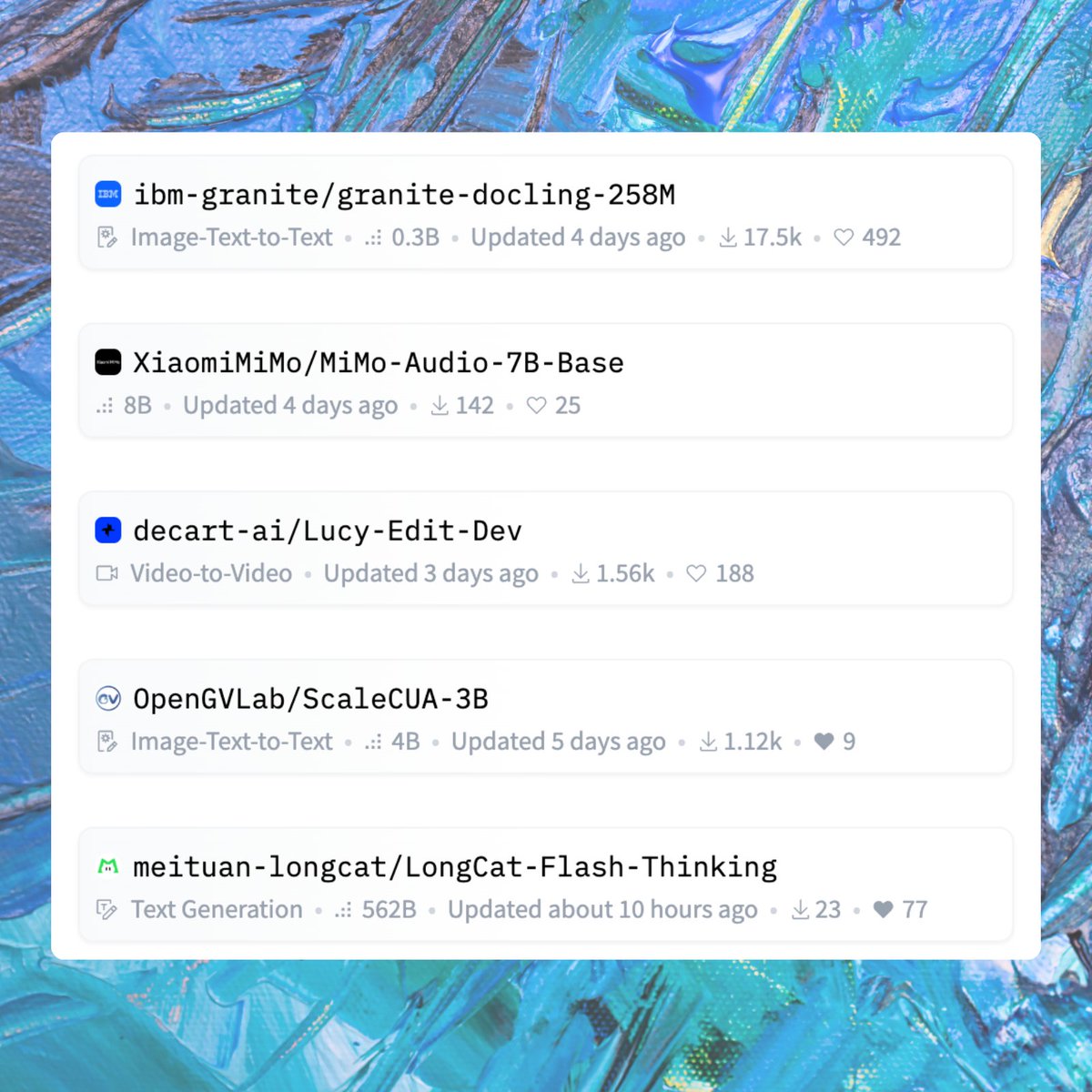mervenoyann's tweet image. large AI labs open-sourced a ton of models last week 🔥
here&apos;s few picks, find even more on the next one 🤝

&amp;gt; IBM released a new Docling model with 258M params based on Granite (A2.0) 📝
&amp;gt; Xiaomi  released 7B audio LM with base and instruct variants (MIT)
&amp;gt; DecartAI released…