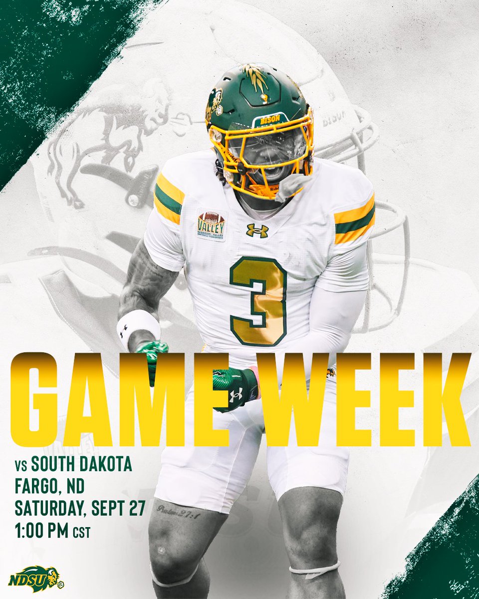 Back like we never left

🆚: South Dakota
📌: Fargo, ND
📅: Saturday, Sept 27
⏰: 1:00pm CST
📺: ABC ND // ESPN+
🟢: CODE GREEN 🟢
🎟️: GoBison.com/Tickets