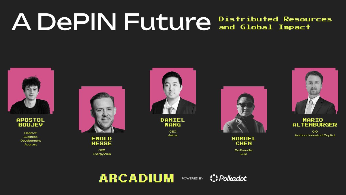Arcadium is coming to Singapore.

Our next panel explores DePIN's future and impact with: Apostol Boujev <a href="/Acurast/">Acurast</a>, Ewald Hesse <a href="/energywebx/">Energy Web</a>, Daniel Wang <a href="/AethirCloud/">Aethir</a>, Samuel Chen <a href="/kula_dao/">KULA</a>, and Mario Altenburger @ Harbour Industrial Capital.

September 30th. RSVP in thread.