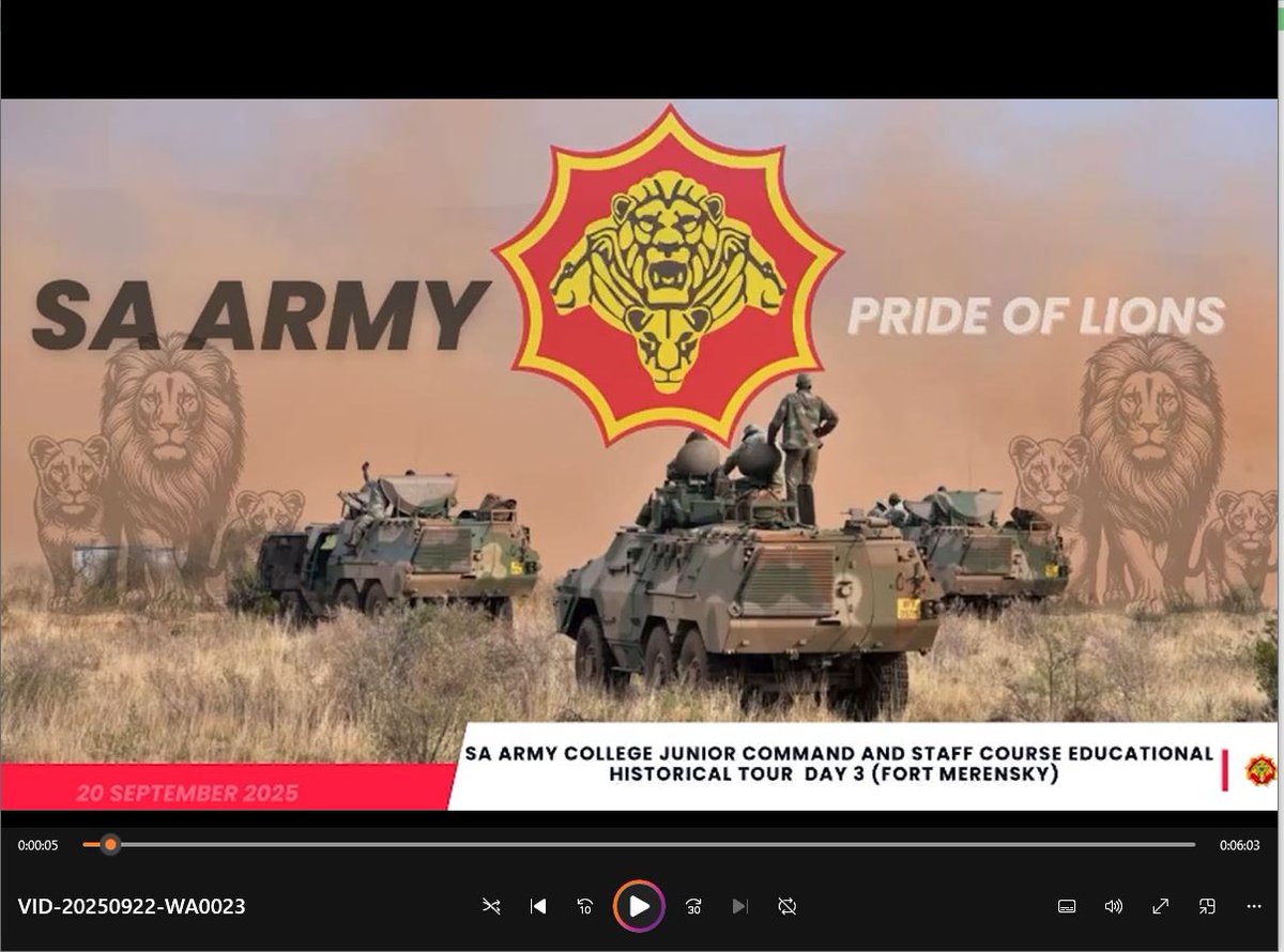 SANDF_ZA's tweet photo. WATCH || 20 September 2025 || SA Army College Junior Command and Staff Course Educational Historical Tour || Day 03 || Fort Merensky.
Information and Footage by SA Army || Corporate Communication.
#SANDF
#SAArmyTrainingFormation
#SAArmyCollege
#JCSC2025 https://t.co/RlDJB5gQRk
