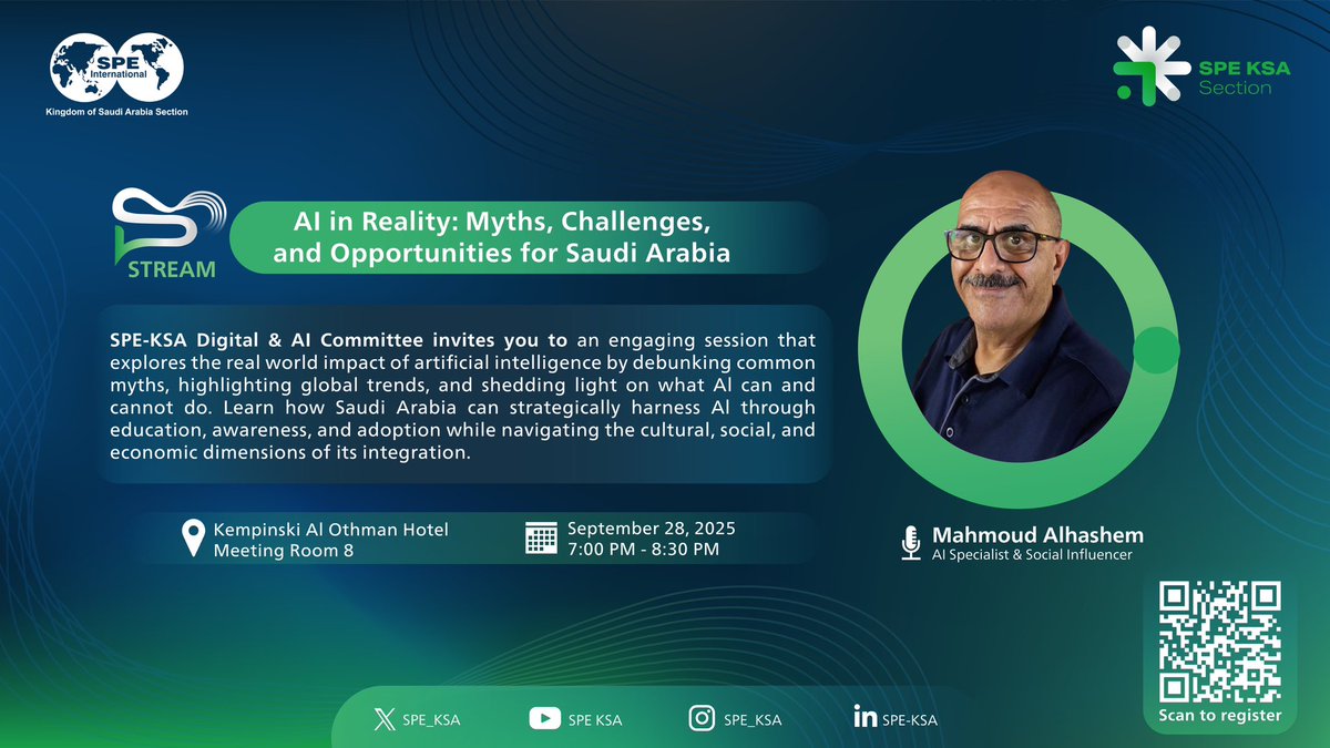 #SPE_KSA invites you to an insightful STREAM session with AI Specialist &amp; Social Influencer Mahmoud Alhashem, as he explores the myths, challenges, and opportunities of #AI in the real world

Scan the QR code or click the link to register: spe-ksa.org/stream-techtal…