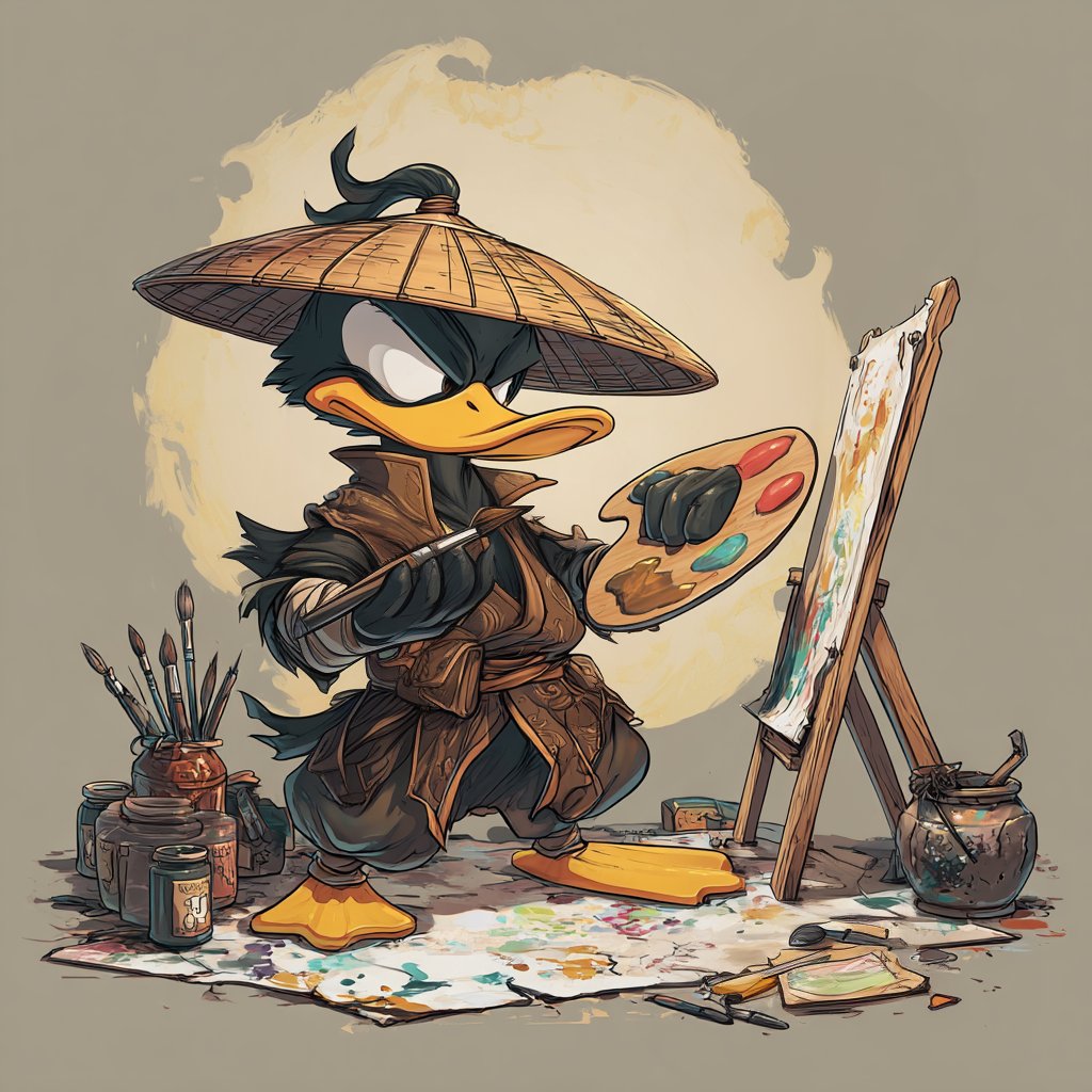 QuackingWaxx's tweet image. Every brushstroke brings us closer to the next ninja duck… or at least a mess on the floor... or finger pain from typing out prompts for ai image generator🎨😂#WaxFam #WaxNFT