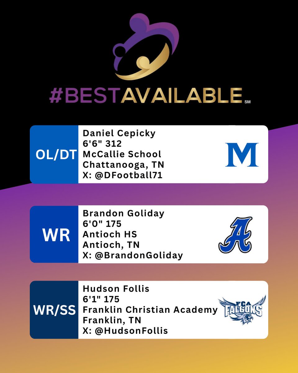 #BESTAVAILABLE (@coachtbarr) on Twitter photo #BESTAVAILABLE2026
<a href="/DFootball71/">Daniel Cepicky</a> 
<a href="/BrandonGoliday/">Brandon Goliday</a> 
<a href="/HudsonFollis/">Hudson Follis</a> #BESTAVAILABLE2026
<a href="/DFootball71/">Daniel Cepicky</a> 
<a href="/BrandonGoliday/">Brandon Goliday</a> 
<a href="/HudsonFollis/">Hudson Follis</a>