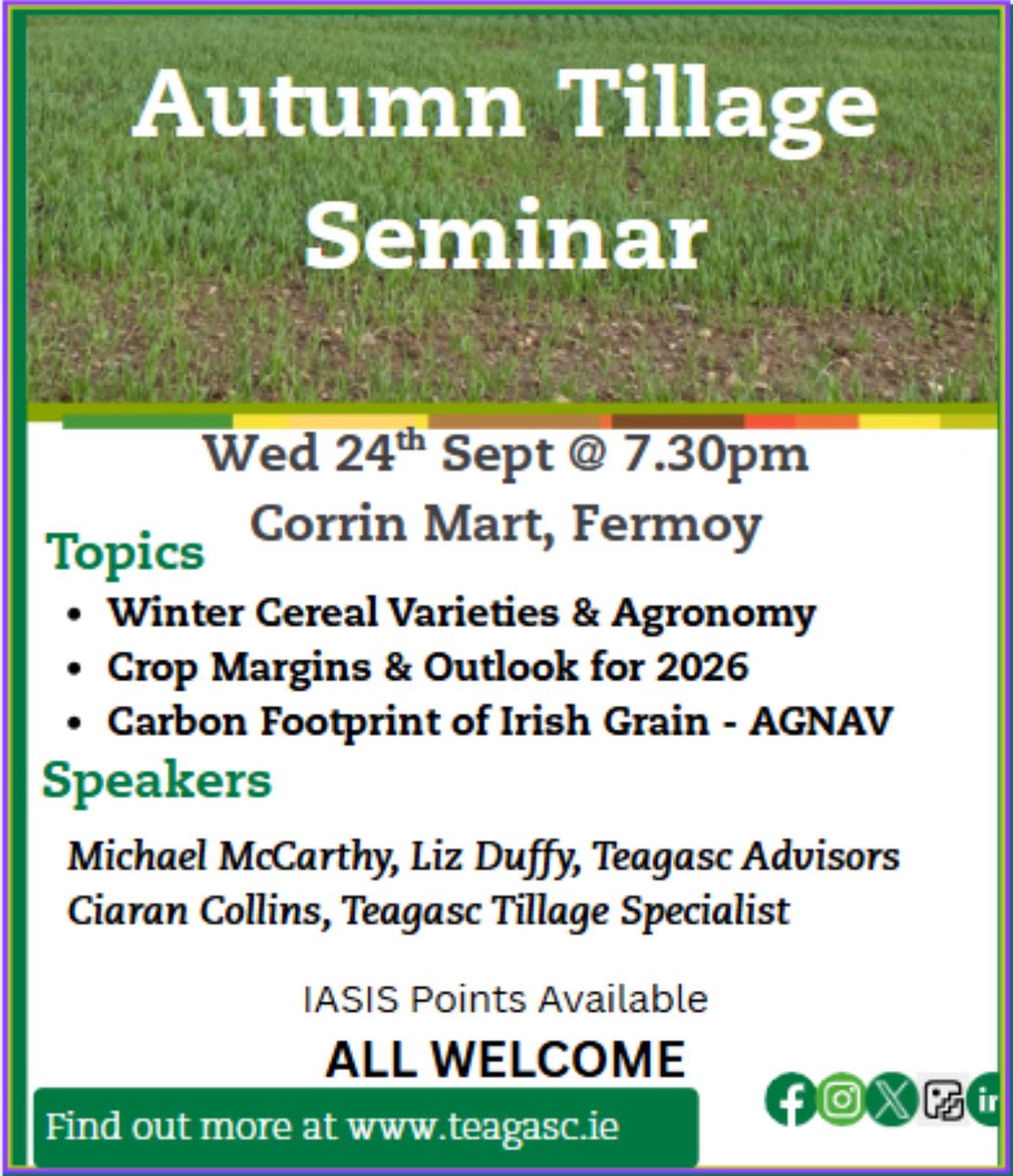 All welcome to join us this coming Wed in Corrin Mart, Fermoy for our annual Autumn Tillage Seminar.