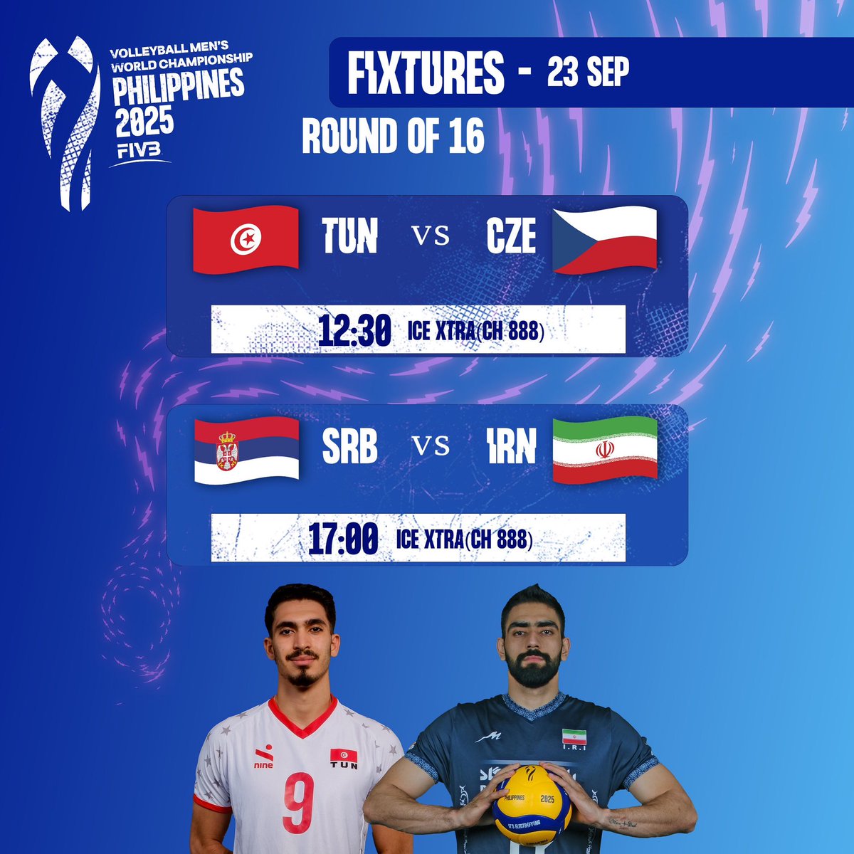 The last 2 clashes of the Round of 16 serve off tomorrow! 🏐 

Who’s booking their spot in the quarterfinals at the 2025 Men’s Volleyball World Championship? 

Don’t miss tomorrow’s action, live only on ICE Network! 📺