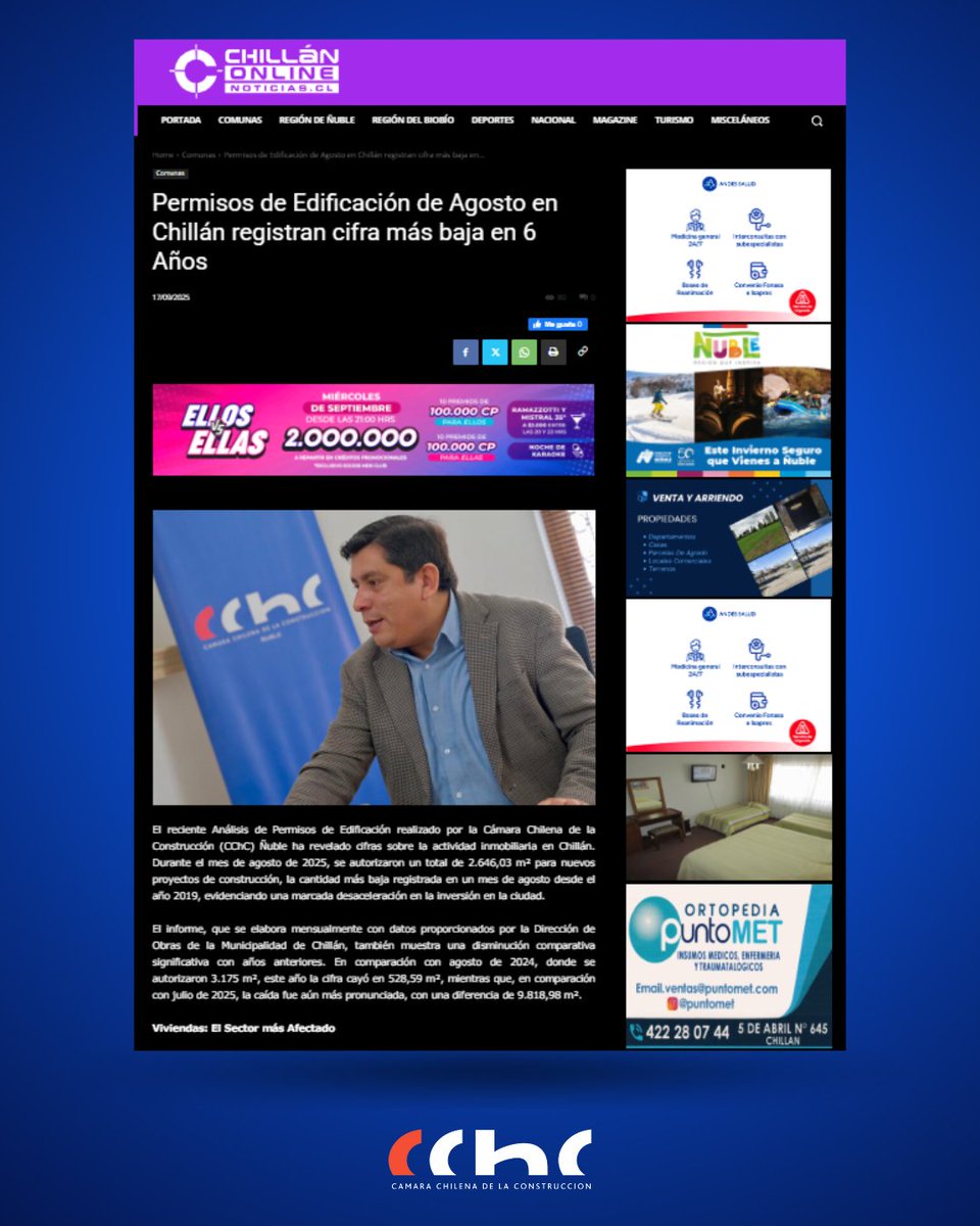 📉 El último análisis de permisos de edificación de la #CChCÑuble muestra una desaceleración en la actividad inmobiliaria en Chillán. En agosto de 2025 se autorizaron solo 2.646 m², la cifra más baja desde 2019. Comparado con agosto 2024, la caída fue de 528 m². #Inversión