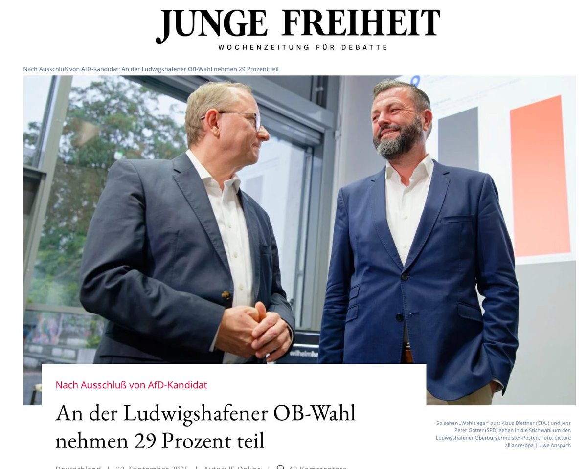 Nur 29 % #Wahlbeteiligung in #Ludwigshafen, fast 10 % ungültige Stimmen. #AfD-Kandidat ausgeschlossen per „Gutachten“. Demokratie lebt von Vielfalt – nicht von politischem Monopol.

jungefreiheit.de/politik/deutsc…