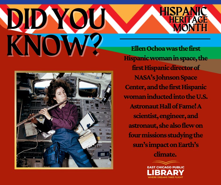 ECPublicLibrary's tweet image. Did You Know? 🚀 In 1993, Dr. Ellen Ochoa made history as the first Hispanic woman in Space! Ochoa also holds a Ph.D. in electrical engineering from Stanford and co-holds three patents in optical systems.
#HispanicHeritageMonth #DidYouKnow #ECPL