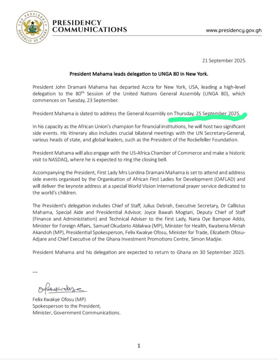President John <a href="/GhanaPresidency/">Ghana Presidency</a> has informed the citizens of Ghana about his arrival and speaking time at the UNGA through a standard press release. This is how a legitimate leader communicates with their people. When is President <a href="/julius_maadabio/">Julius Maada Bio</a> of Sierra Leone scheduled to