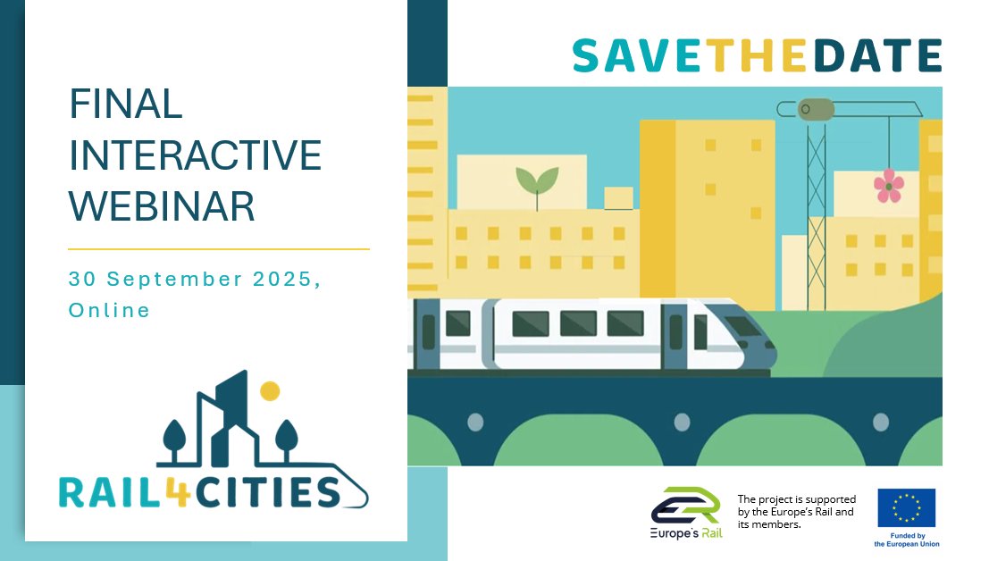 🚆 #RAIL4CITIES, a 🇪🇺 project under <a href="/EURail_JU/">Europe's Rail JU</a>  wraps up with its Final Webinar on 30 Sept 2025, 11:00 CET!

Discover how stations can shape greener, community-driven cities 🌱🏙️

🔗 Register: evenium.events/18gqcwwg
#UrbanMobility #SmartCities #EUProjects