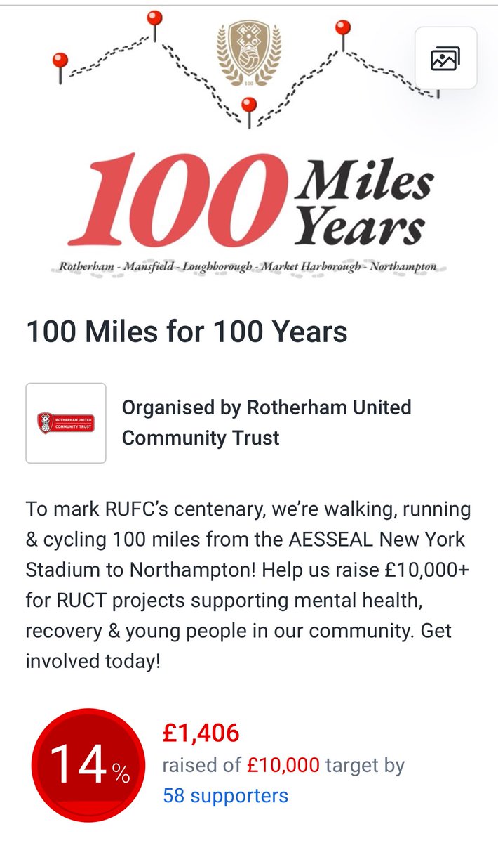 The_RUFC's tweet photo. Rotherham United Community Trust are walking, running and cycling 100 miles to Northampton in October, raising money to support local people who need it the most.

Players + staff have already donated to the cause ❤️

#RUFC @RUFC_CT

Link to donate here👇🏼
https://t.co/J0aAXJ3teY https://t.co/addBrdEnKi